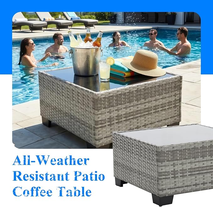 7-Piece Outdoor Patio Furniture Set, Grey PE Rattan Weaving Sofa with Navy Blue Cushions and Steel Frame, Coffe Table Included, Outdoor Conversation Set for Balcony, Porch, Backyard