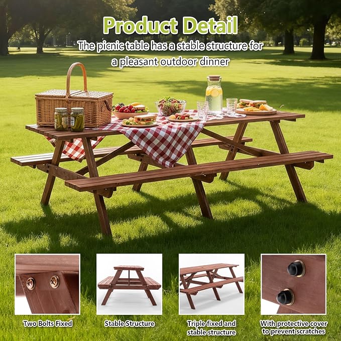 94.5" Picnic Table with Bench for 12 Person Extra Large Rectangle Outdoor Wooden Outdoor Picnic Tables for Patio Garden Backyard Large Outside Dining Table Set with Umbrella Hole