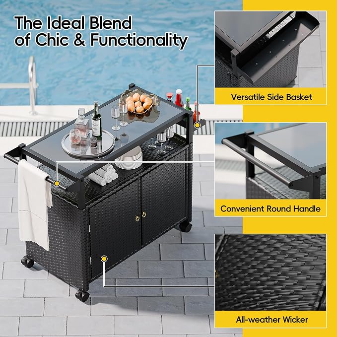 MU Outdoor Bar Cart with Storage and Wheels, Outdoor Bar Table with Tempered Glass Top & Shelf, Rolling Wicker Storage Cabinet with Rounded Handle & Side Basket for Backyard, Poolside, Garden, Black