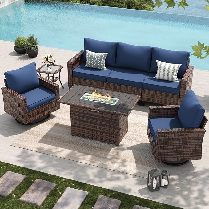 Amopatio Patio Furniture Set with Fire Pit Table, Wicker Outdoor Sectional Sofa with Swivel Rocker Chairs, All-Weather Rattan Conversation Set, Waterproof Cover for Backyard, Deck Brown/Navy 5 PCS