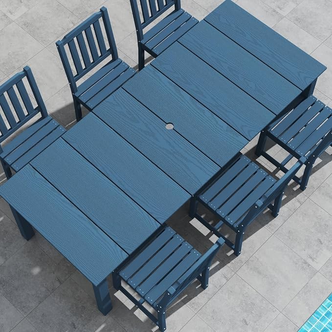 9-Piece HDPE Patio Dining Set for 8, 75.2" Table,Navy Blue | HDPE material, umbrella hole design, weather-resistant patio furniture, perfect for yard, lawn, garden, balcony, deck