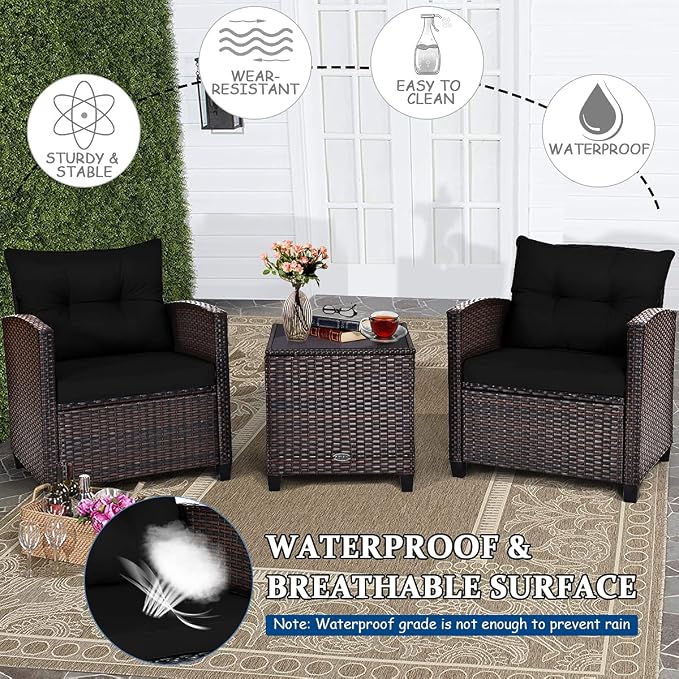 AUGESTER 3 PCS Patio Furniture Set, Outdoor PE Rattan Wicker Conversation Sofa Set w/Washable Cushion and Tempered Glass Tabletop, All Weather Chat Sofa for Garden Poolside Balcony Porch (Black)
