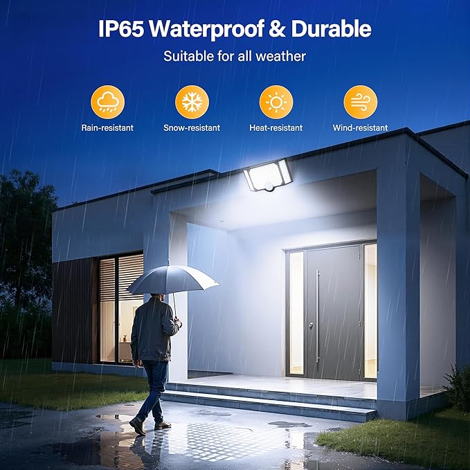 Solar Flood Lights Outdoor with Motion Sensor 3 Modes, 2 Pack | 182 Leds Solar Motion Lights, 3 Head 270° Wide Angle, IP65 Waterproof Security Lights with 16.4FT Cable for Patio Yard Garage