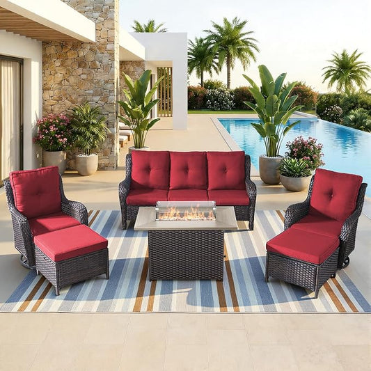 Patio Furniture Set with 41" Fire Pit Table - High Back Patio Conversation Set with 4 Inch Thick Cushions and Deep Seating Swivel Glider Chairs & Outdoor Couch for Porch Deck Yard Pool Brown