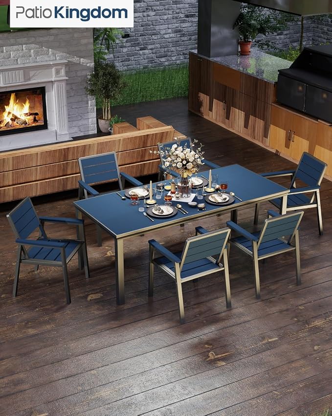 7-Piece Outdoor Dining Set with 11FT Umbrella,Navy | HDPE table, chairs included, aluminum frame, 2" hole design, weather-resistant furniture, perfect for backyard, deck, garden