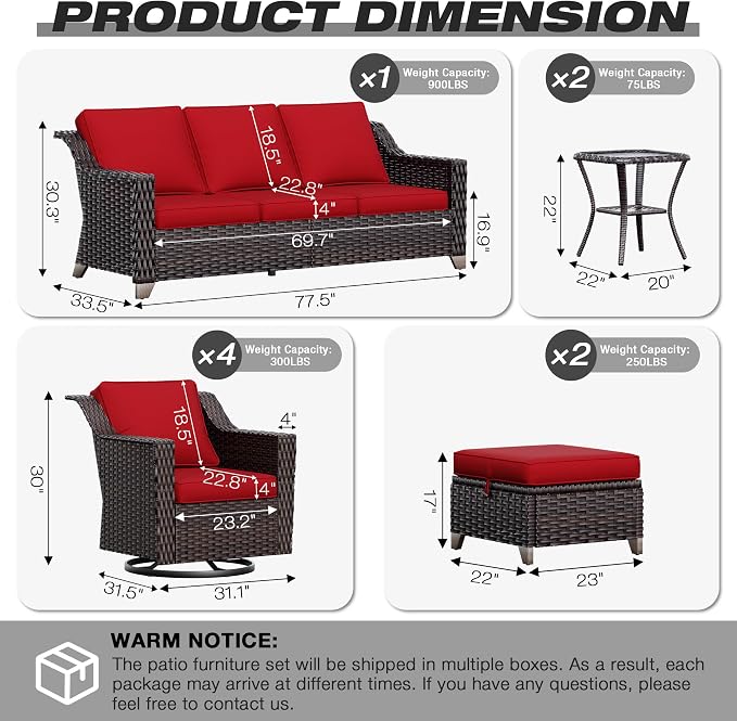 Joyside Wicker Patio Furniture Sets, 9 Pieces Upgraded Large Size Outdoor Furniture with 4 Swivel Rocking Patio Chairs, 3-Seat Sofa, Outdoor Ottoman, Thick Cushions, Wide Armrest, Red