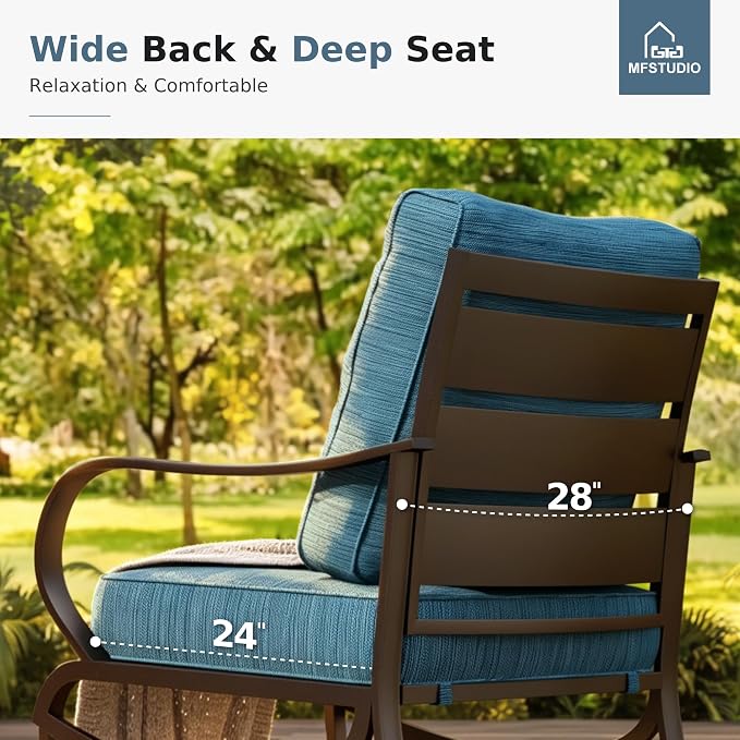 MFSTUDIO 6 Pieces Patio Furniture Sets with 45" Gas Fire Pit Table(Up to 7 Seat), Metal Frame Outdoor Conversation Sofas with 1 x 3-Seat Sofa, 2 Rocking Chairs and 2 Ottoman, Peacock Blue Cushion