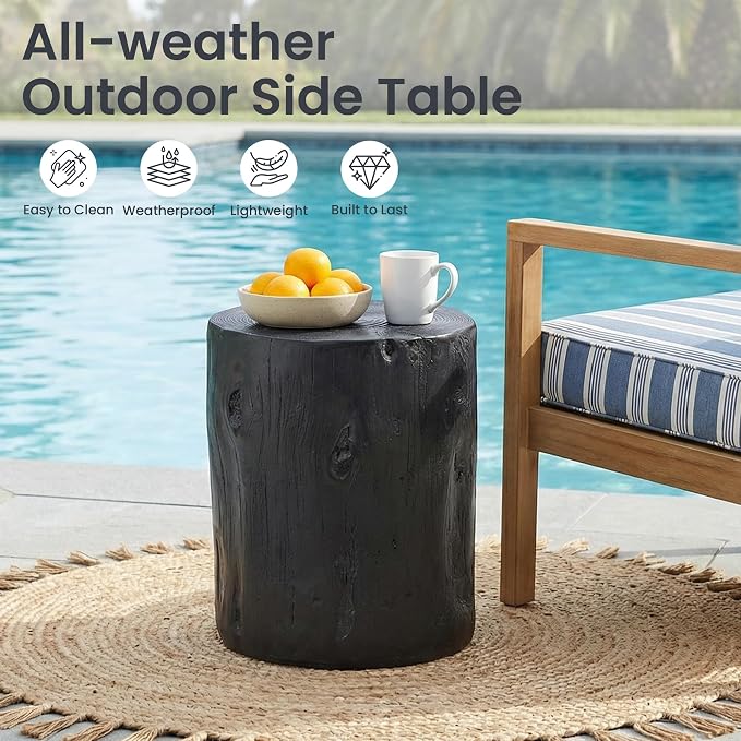 HOMPUS Concrete Outdoor Side Table, Tree Stump Modern Round Accent Table, Planter Stand Faux Wood End Garden Stool for Patio, Home Decor, Living Room, Black