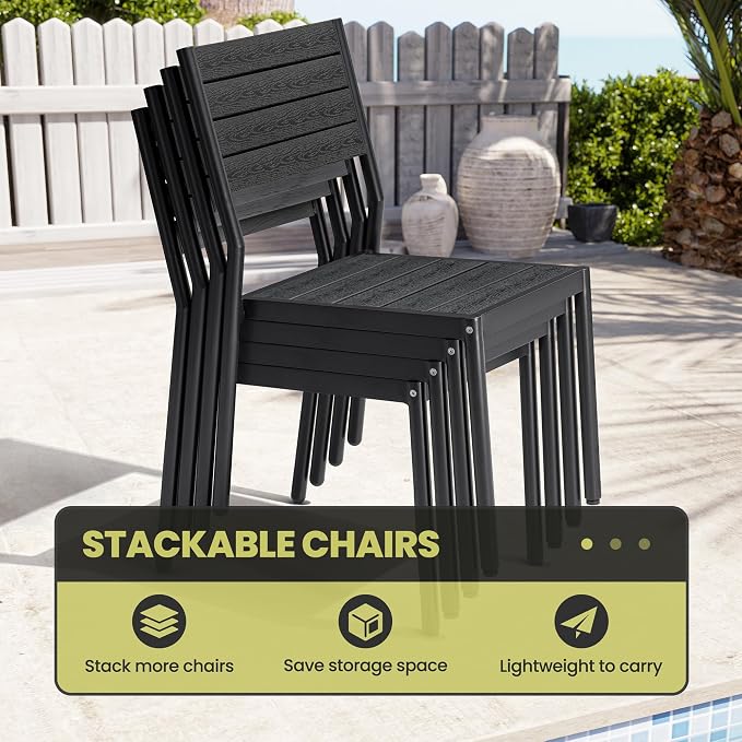 9-Piece Square Outdoor Dining Set, 56" Patio Table and Stackable Chairs | Aluminum Frame Adjustable Umbrella Hole All-Weather Wood Grain Tabletop for Garden, Deck, Backyard (Black)