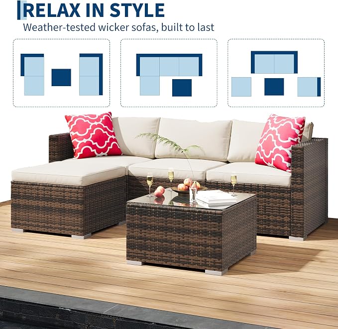 5-Piece Outdoor Sectional Sofa Set, All-Weather PE Rattan Patio Furniture with Ottoman & Tempered Glass Table, Convertible Garden Couch for Backyard, Porch, Poolside (Brown/Beige)