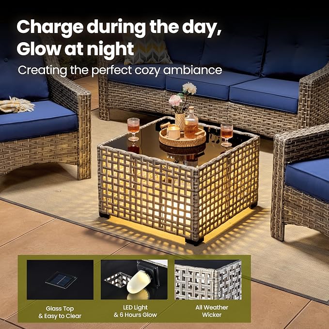 4 Piece Patio Furniture Set with Solar Light Coffee Table, Heavy Duty Wicker High Back Sofa Chairs with Thick Cushion, Small Outdoor Conversation Sets for Backyard Garden Porch, Navy Blue