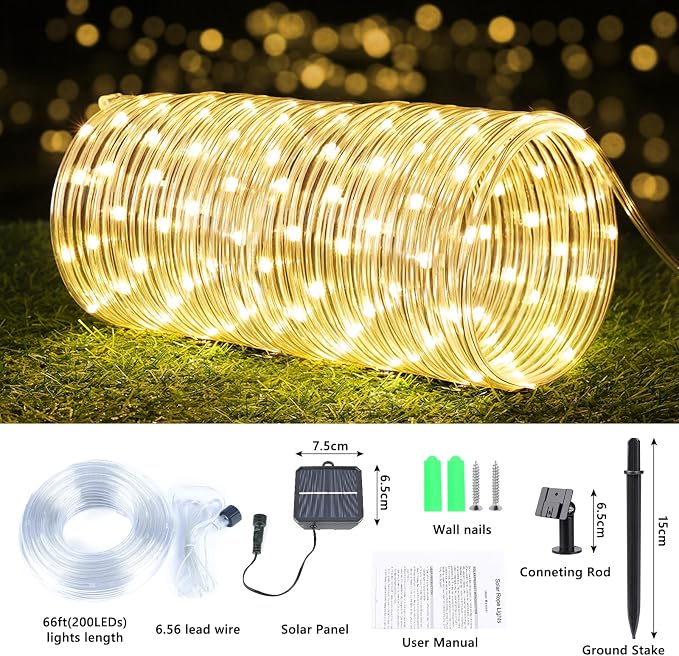 Jnaurb Solar Rope Lights, 66ft 200LED Solar String Lights, 8 Modes Waterproof Solar Outdoor Light, Flexible Clear Trampoline Light for Garden Backyard Patio Deck Porch Pool Tree Decor - Warm White