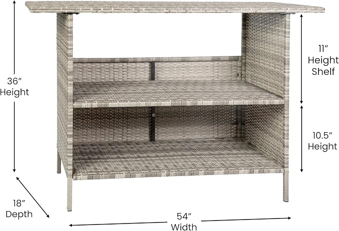 BizChair Indoor/Outdoor Patio Wicker Rattan Bar Counter Table with 2 Shelves, Gray