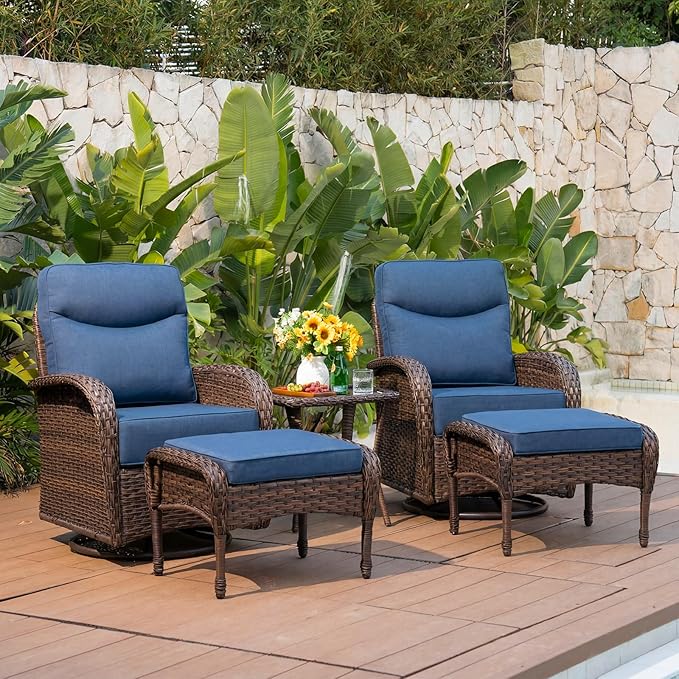 Belord Upgraded 6“ Cushion Luxury 5 Pieces Patio Furniture Set - All Weather Wicker Outdoor Swivel Rocker Patio Chairs of 2 with Ottomans, High Back Glider Chairs Set for Deck Porch - Brown/Blue