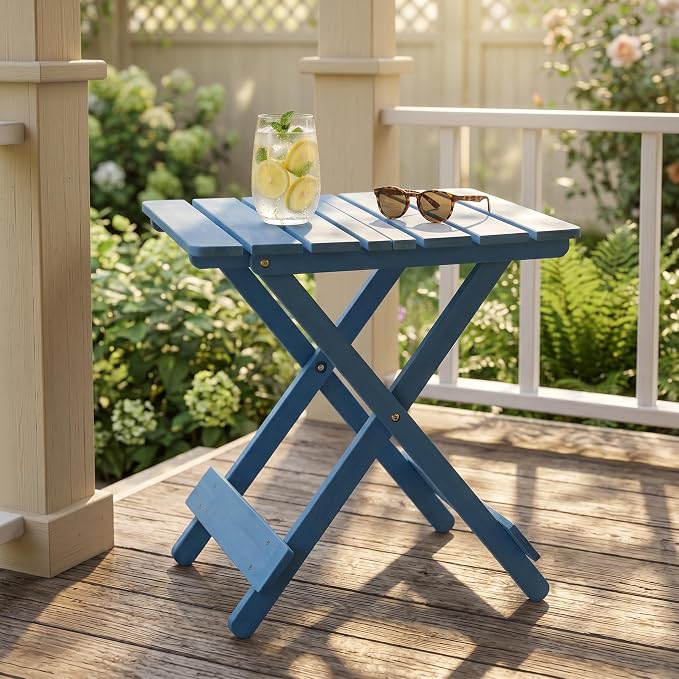 Folding Square Patio Table, Solid Wood, Blue