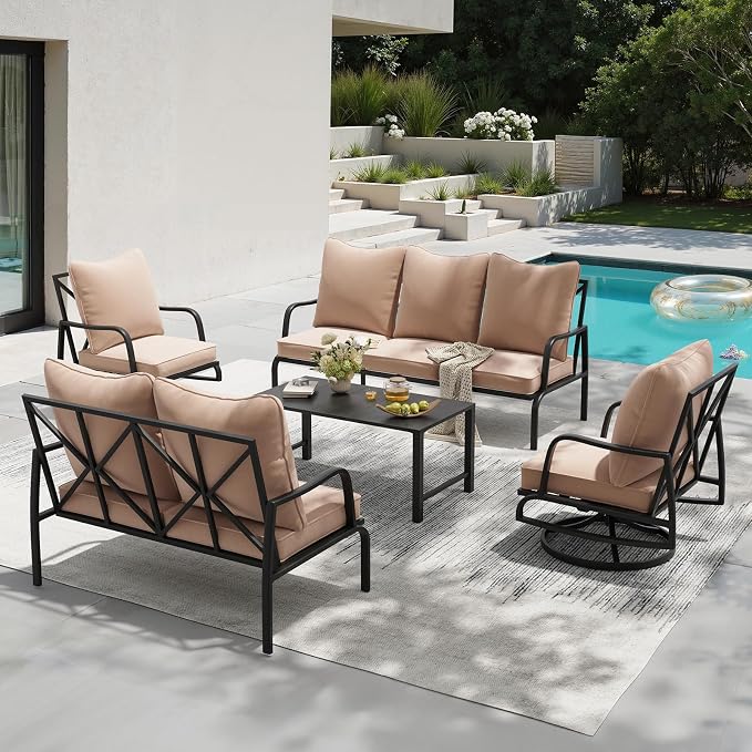 Soohow Outdoor Patio Furniture Set, 5 Piece Patio Furniture Set, 2 x Swivel Chair, 1 x 3-Seats Sofa, 1 x 2-Seats Sofa, and 1 x Coffee Table, Metal Conversation Set for Porch, Balcony, and Backyard