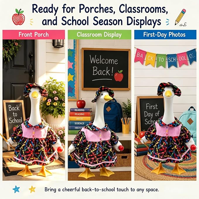 Back to School Porch Goose Outfits For 23" Cement Plastic Geese Statue | First Day of Goose Clothes for School Classroom Cement Goose Outdoor Garden Yard Decor