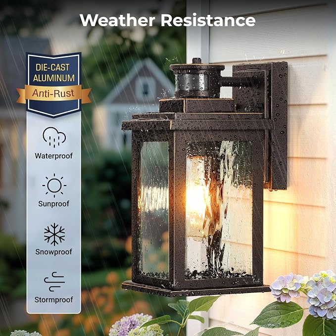 VIANIS Motion Sensor Outside Lights for House, Oil-Rubbed Bronze Porch Lights Outdoor with Tempered Ripple Glass, Aluminum Waterproof Outdoor Light Fixtures Wall Mount for Garage, Garden, Entrance