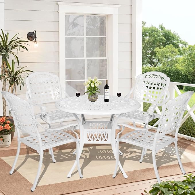 5-Piece Outdoor Patio Dining Set, All-Weather Cast Aluminum Patio Furniture Set with 4 Chairs and 35.4" Round Table for Backyard Garden Deck, 2" Umbrella Hole, White