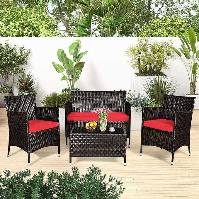 GLACER 4 Pieces Rattan Conversation Set - Patio Furniture Set W/High-Elasticity Cushion & Tempered Glass Center Coffee Table, Outdoor Wicker Sofa Chair Set for Garden, Porch, Poolside & Backyard