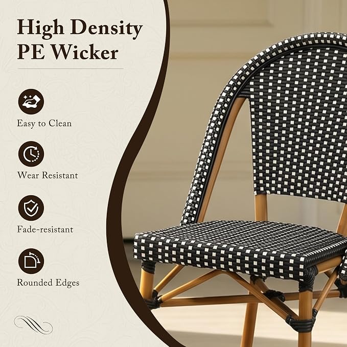 PURPLE LEAF 5-Piece French Bistro Dining Set Rectangle Outdoor Patio Table and 4 Armless Chairs Tempered Glass Top PE Rattan Bamboo Print Finish Aluminum Frame Black
