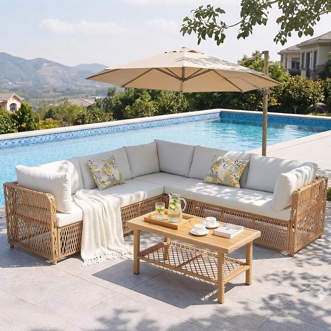 ABCASA Patio Sectional Furniture Set with Waterproof Cover, Oversized Wicker Outdoor Furniture Set w/Water-Resistant Fabric & Thick Cushions, L Shaped Patio Conversation Set for Poolside Yard,Beige