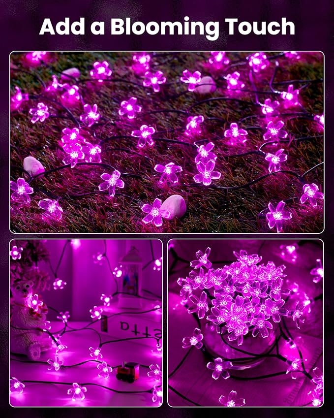 Brightown 60 LED Solar String Lights Flower Outdoor Waterproof Fairy Lights for Garden Yard Fence Patio Christmas Tree Wedding Party Decor, Pink