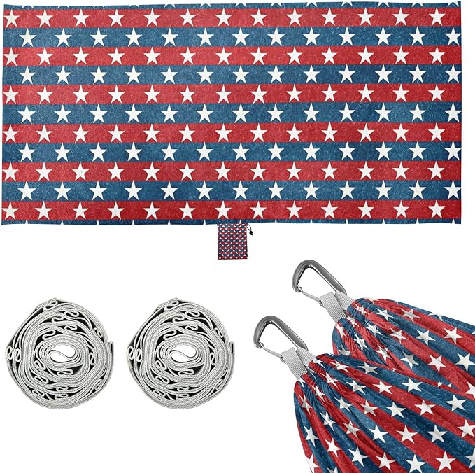 Patriotic Stars Camping Hammock, Portable Lightweight Single Hammock with Tree Straps and Aluminum Carabiners, 114" x 54" Travel Hammock for Hiking Backpacking Beach