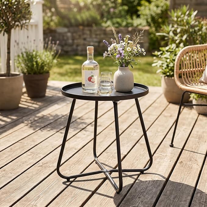 LITA Outdoor Side Table Metal Steel Weather Resistant Round End Table for Patio Balcony Living Room, Small Lightweight Weatherproof Accent Table,Black,Modern