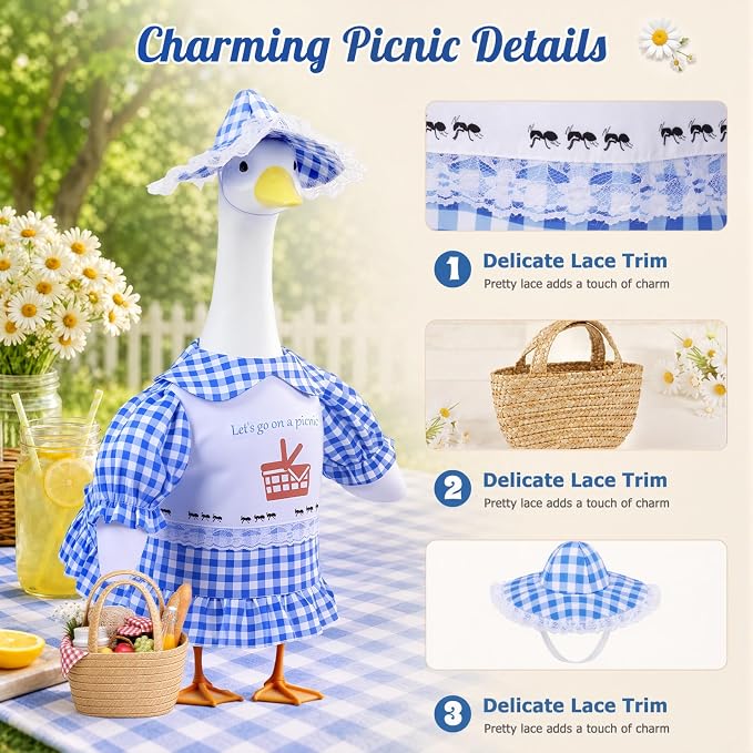 Picnic Porch Goose Outfits, 23 Inch Porch Goose Summer Outfit, Goose Outfit Spring Picnic Theme, Goose Clothes for Cement Geese Outdoor Garden Yard Decor