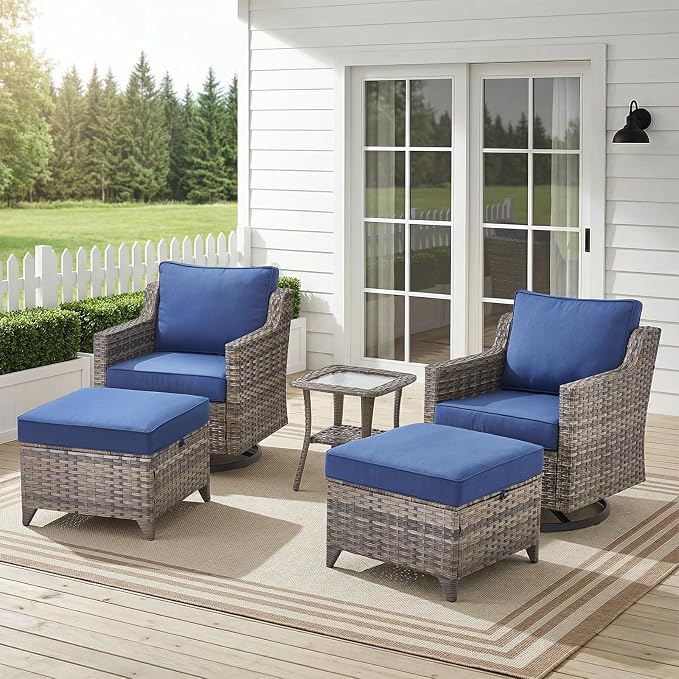 Belord Patio Wicker Swivel Rocker Patio Chairs with Side Table, Outdoor Rattan Chairs for Deck Porch Garden, 5 Piece Luxury Patio Furniture Set, Blue