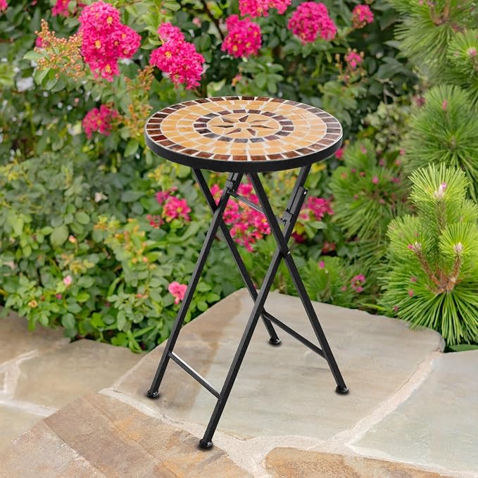 Mosaic Tile Furniture with Black Metal Frame and Patterned Tile Tops (Montezuma - Black/Brown/Tan, Folding Accent Table)