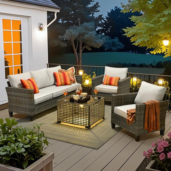 4 Piece Wicker Patio Furniture Set with Solar Table, Gray | Outdoor Deep Seating Sofa Chair, Solar Lights Table, All Weather Rattan, Modern Conversation Set, Porch Deck Backyard