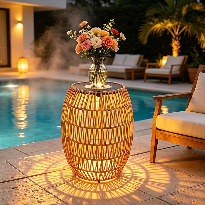 Solar Outdoor Side Table, Boho Handwoven Drum Rattan, 12.8" D x 16.9" H | 3-Color Temperature Light, Patio End Table, Dusk to Dawn Auto Sensor, IP65 Waterproof, For Porch Balcony Garden