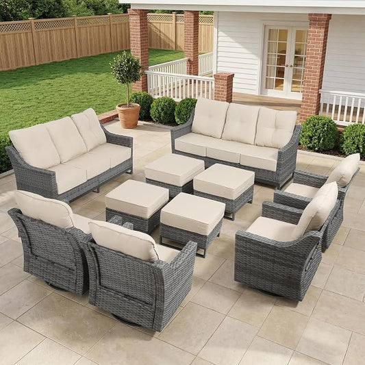 10 Piece Patio Furniture Set, 360°Swivel Glider Patio Chairs Set of 4, Outdoor 4 Ottomans and 2 Sofas, Comfortable Seating with 6 Inch Thick Cushions, All-Weather Wicker Outdoor Patio Set