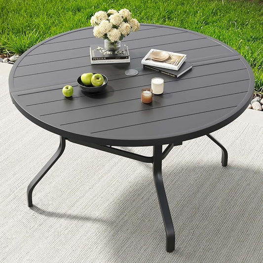HRVEOCEI 47" Outdoor Round Table with Umbrella Hole, Metal Patio Dining Tables for Lawn Garden, Wood-Like Grain Bistro Table Outdoor for Backyard,Poolside,Deck,Por (Black, Round)