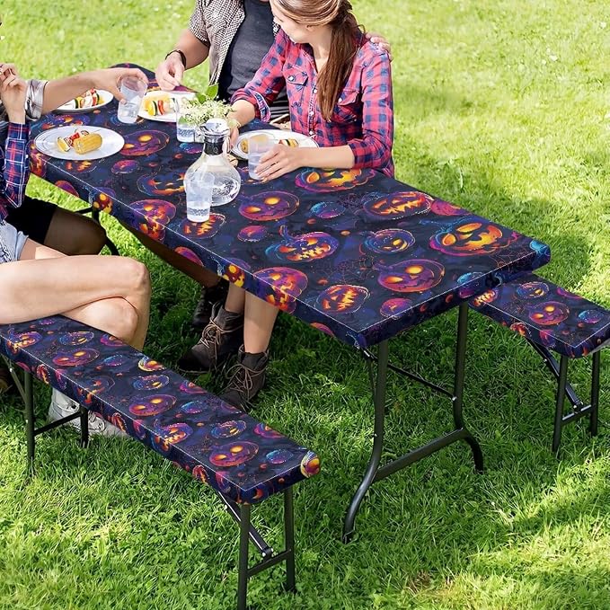 Halloween Picnic Table Cover with Bench Covers Washable Outdoor Camping Tablecloth Summer Abrasion Resistant Waterproof Picnic Table Cover 3 Piece Set