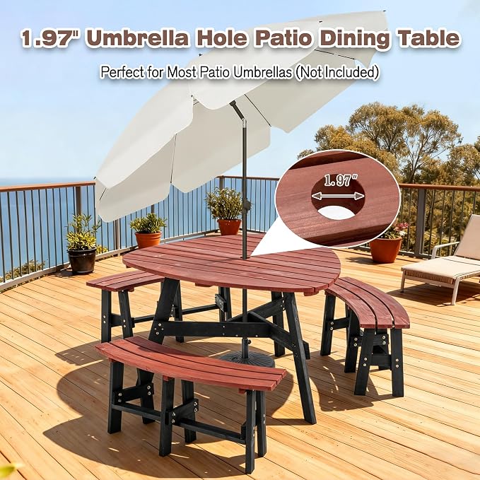 6 Person Wooden Picnic Table, Outdoor Picnic Tables with 3 Built-in 500 LBS Benches, Circular Camping Dining Table and Chairs Set with Umbrella Hole for Garden, Patio, Backyard