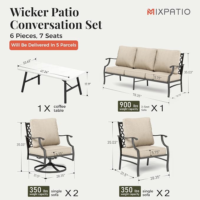 MIXPATIO Patio Furniture Set 6 pcs, Outdoor Patio Furniture, 1 X 3-Seat Sofa, 2 X Single Chairs, 2 X Swivel Chairs, 1 X Coffee Table and 5.75" Extra Thick Cushion, Patio Conversation Set,Beige