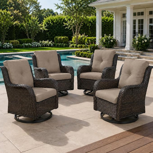 HUMMUH Outdoor Swivel Rocker Wicker Patio Chairs High Back PE Rattan Glider Chairs 4PCS Patio Furniture Set(Brown,Grey)