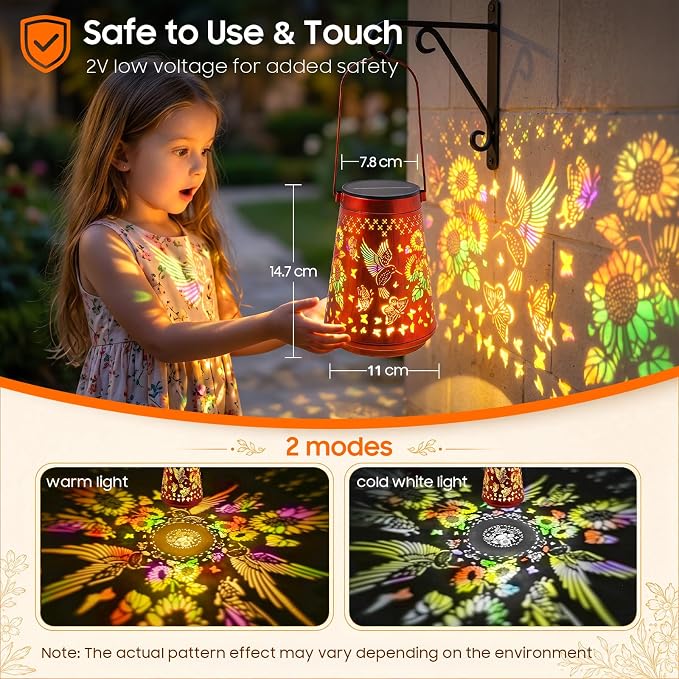 4 Pack Solar Lanterns Outdoor Waterproof Birthday Gifts for Women Mom | Colorful Hollow Metal Sunflowers Butterflies Hummingbirds Lantern, 2 Modes Hanging Solar Lights for Gardens, Patios Decor