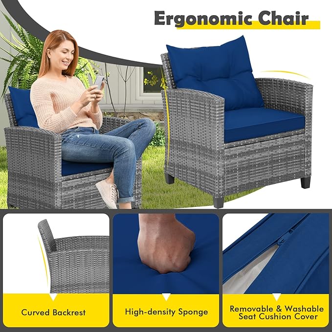 Patio Furniture Set, 3 Pcs Outdoor Wicker Conversation Set with Glass Coffee Table, Patio Chairs w/Washable Cushions, PE Rattan Outdoor Furniture Set for Porch Garden Backyard (Navy)