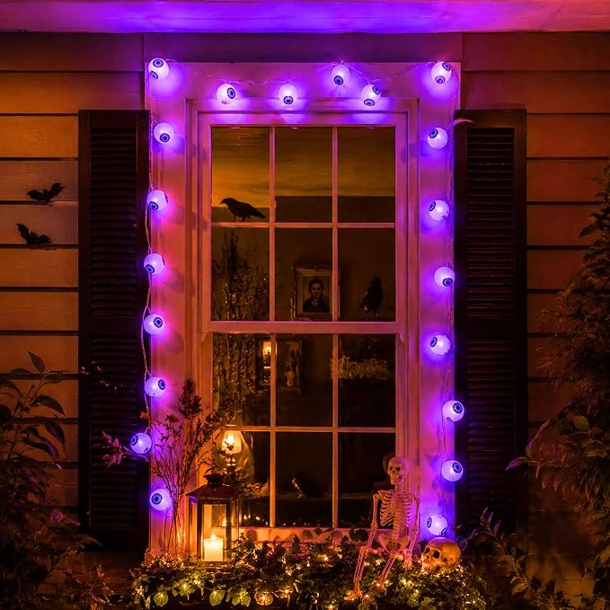 Crazy Night Halloween String Lights 10Ft 20 LEDs Battery Operated Purple Eyeball Lights Halloween Decorations Outdoor Indoor Party Decor