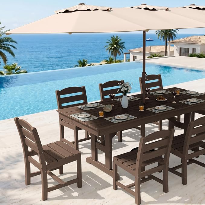 KINGYES 8-Person Outdoor Patio Dining Set with Patio Umbrella,84 inch HDPE Rectangular Table and Chairs Set，Waterproof Furniture Set with Umbrella Hole for Backyard,Brown