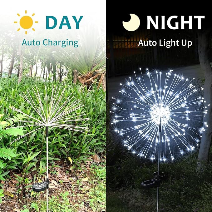 Solar Firework Lights, 2 Pack 120 LEDs 2 Lighting Modes Solar Garden Lights Outdoor Waterproof for Yard Patio Walkway Pathway Party Wedding Christmas Decorative- Cool White