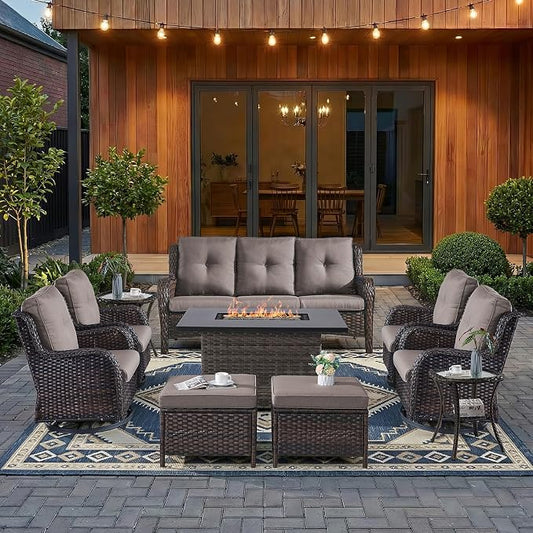 HUMMUH 10 Pieces Patio Furniture Set with Fire Pit High Back Wicker Outdoor Furniture Set Swivel Rocker Chairs 3-Seater Couch for Porch,Deck,Backyard