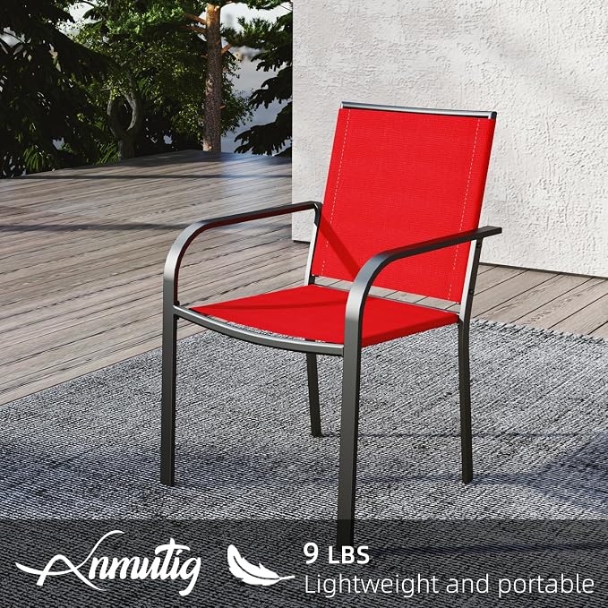Outdoor Patio Red Stackable Chairs and 35" Square Table Small Dining Set 5 | 4 Piece Stackable Chairs, Textilene Seat&Back, Metal Table, Slat Table Top, 4 Person Use, 1.57" Umbrella Hole, All Weather