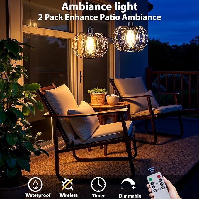 Battery Operated Hanging Chandelier Outdoor, Set of 2 with Remote, No Wiring, Boho Copper Wire Beaded Pendant Light, IP55 Weatherproof, Dimmable Timer, for Gazebo Pergola Porch Patio Decor