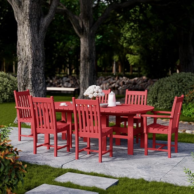 Wildridge Classic 7-Piece 44"x84" Dining Set, Cardinal Red - Outdoor Weather Resistant Recycled Plastic Furniture for Patio