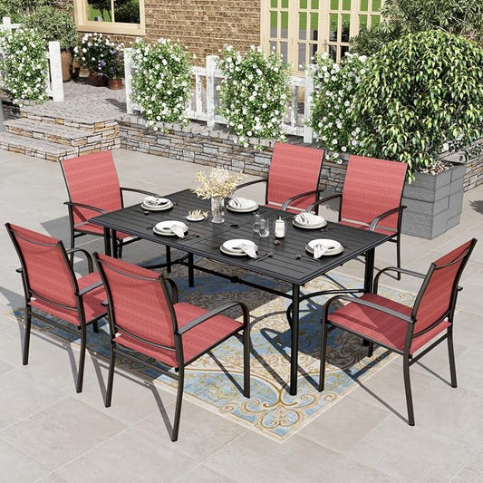 HERA'S HOUSE 7pc Outdoor Patio Dining Set, 6 Textilene Chairs, Red | 67" rectangular metal table with umbrella hole. Waterproof, rust-resistant, all-weather for backyard, porch